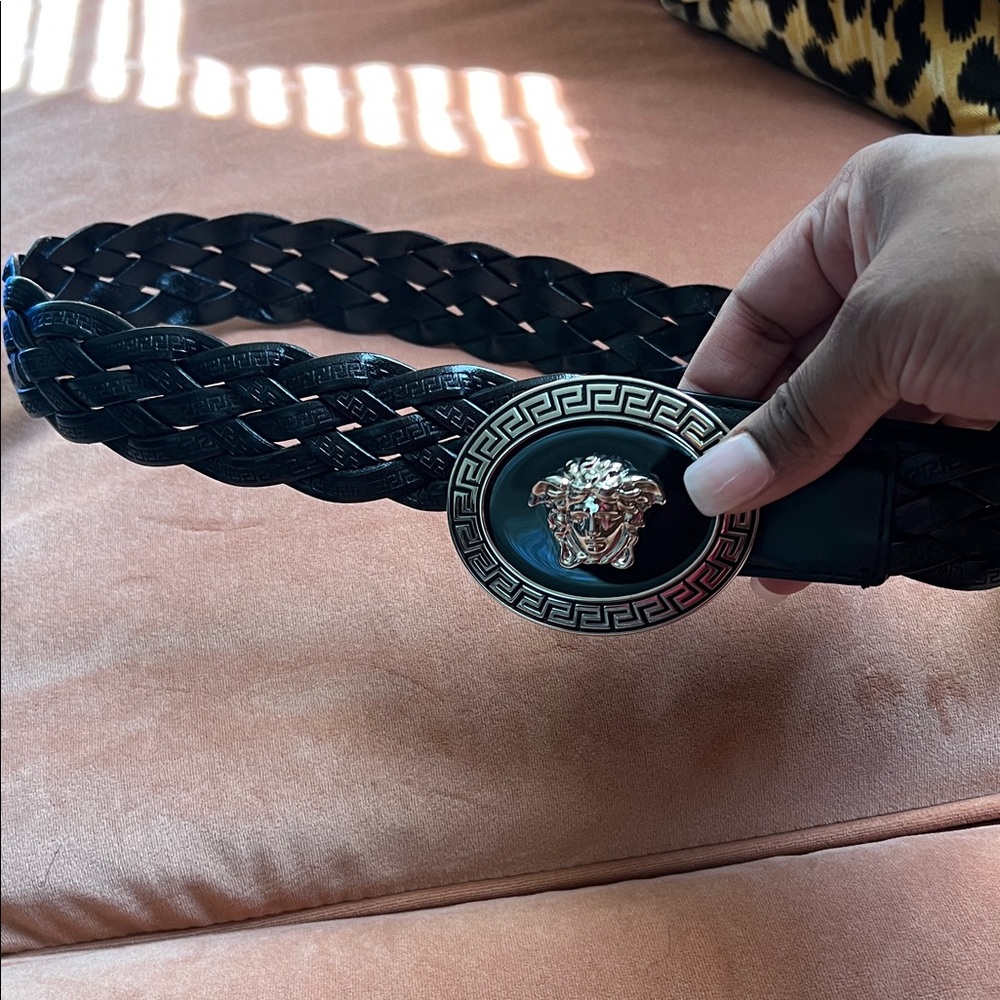 Versace Black Braided Belt with Gold Medusa Buckle